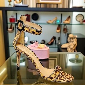 Gianvito Rossi Portofino Leopard Print Pony Hair Stiletto Heel Sandals 40.5